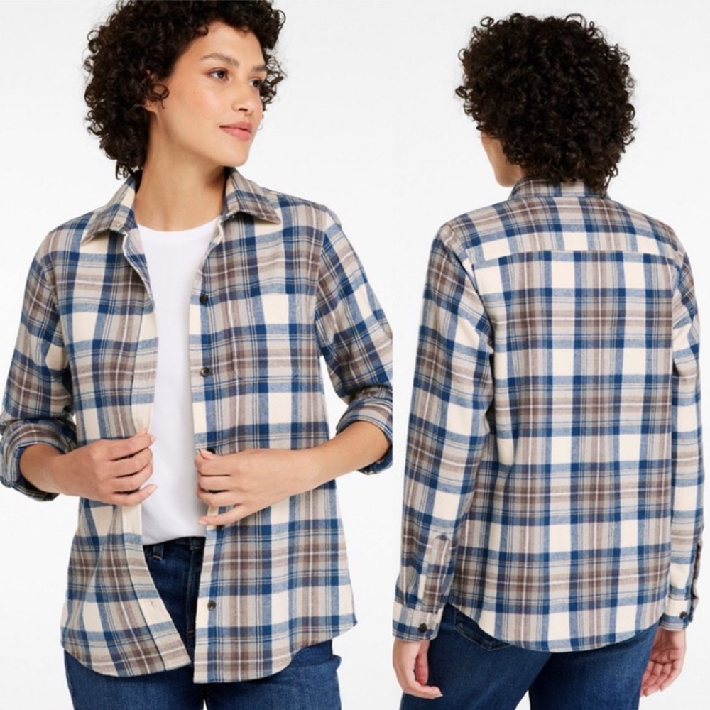 LL Bean Scotch Plaid Flannel Shirt Women Size Large Petite Button Up Long Sleeve